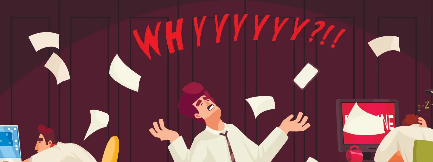 Quickbooks Desktop 2021 discontinued - Image of an office worker, throwing papers into the air, yelling WHYYYYYY?!!