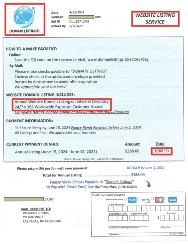 Domain Listing Scams - Scan of a solicitation disguised as an invoice.